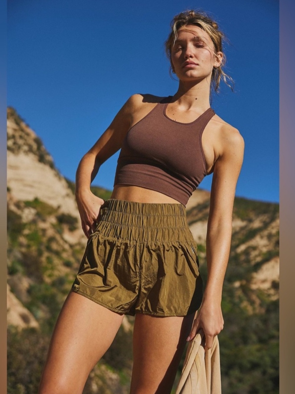 FP Movement by Free People Olive High-Rise Smocked Athletic Shorts